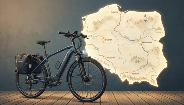 Czy rower elektryczny jest pojazdem mechanicznym? Ten rower z sakwami obok mapy Polski sugeruje podróż.