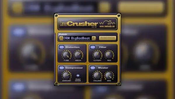 Camel Crusher audio plugin interface with knobs for distortion, filter, compressor, and master. The "DRM BigBadBeat" patch is selected.