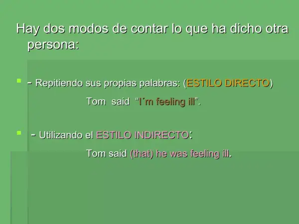 Explica qué es reported speech con ejemplos de estilo directo e indirecto, como "Tom said 'I'm feeling ill'" y "Tom said he was feeling ill".