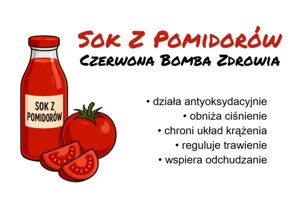 Sok z pomidorów – czerwona bomba zdrowia. Działa antyoksydacyjnie, obniża ciśnienie, chroni układ krążenia, reguluje trawienie i wspiera odchudzanie.