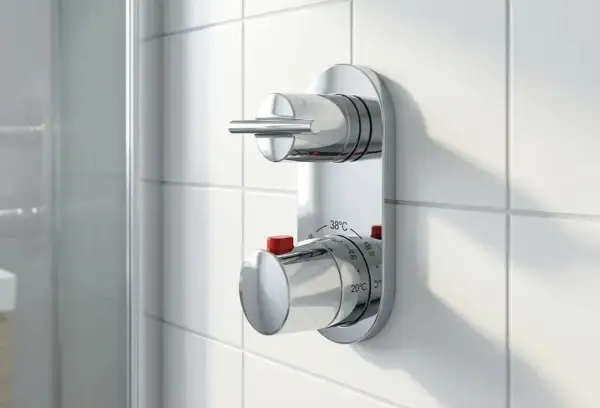 Mitigeur thermostatique de douche moderne, idéal pour changer votre ancien système et profiter d'une température parfaite.