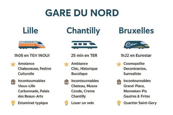 Destinations depuis Paris : Lille (TGV INOUI), Chantilly (TER) et Bruxelles (Eurostar).