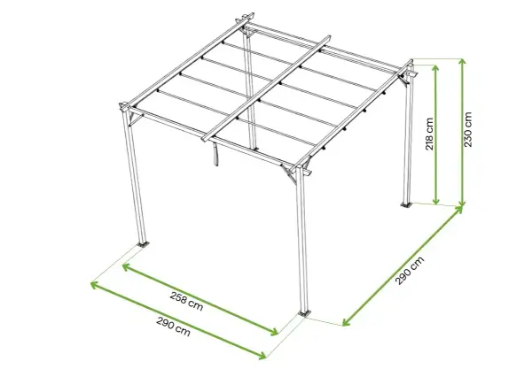 Konstrukcja altany dn80 z wymiarami: 290x258 cm, wysokość 230 cm. Idealna do ogrodu.