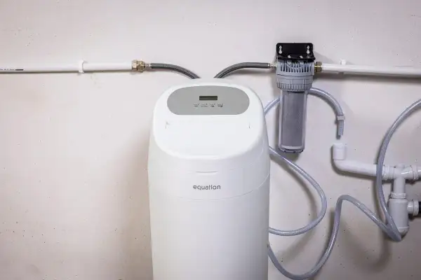 Instalación de descalcificador Equation con filtro de agua. Sistema de tuberías blancas y mangueras grises conectadas a la unidad.
