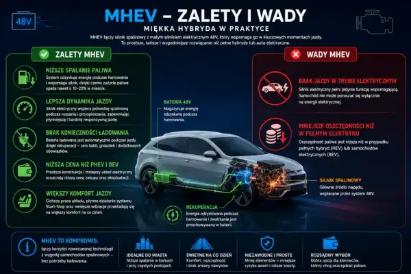 MHEV: zalety (niższe spalanie, lepsza dynamika, brak ładowania) i wady (brak jazdy EV, mniejsze oszczędności). Miękka hybryda 48V.