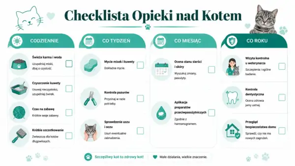 Checklista opieki nad kotem: codzienne czynności, cotygodniowe, comiesięczne i coroczne. Dbaj o swojego stary kot, by był zdrowy i szczęśliwy.