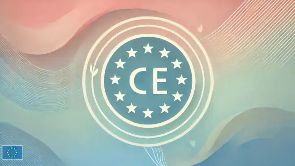 Le pictogramme CE, symbole de conformité européenne, est au centre d'un fond aux teintes douces de rose et bleu.