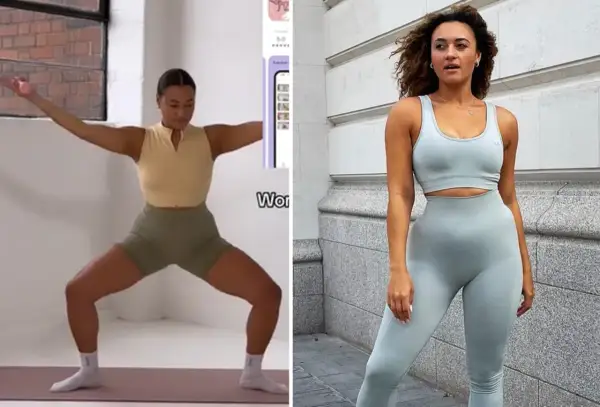 Woman demonstrating exercises for toned arms. The split image shows her in a workout pose and a fitness outfit.