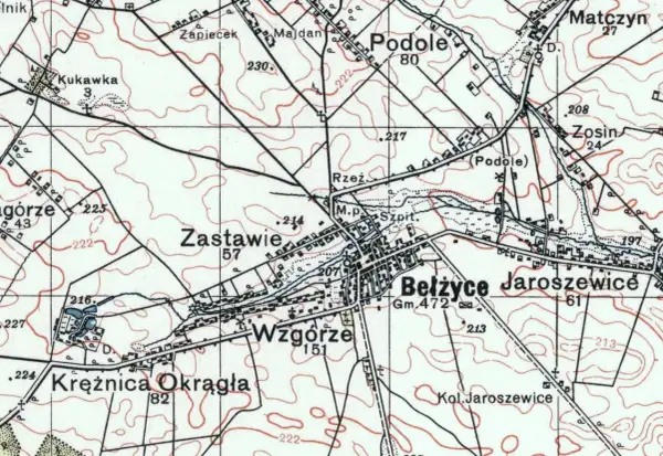 Mapa topograficzna z zaznaczonymi miejscowościami: Podole, Zastawie, Bełżyce, Jaroszewice. Widać drogi, rzeki i ukształtowanie terenu.