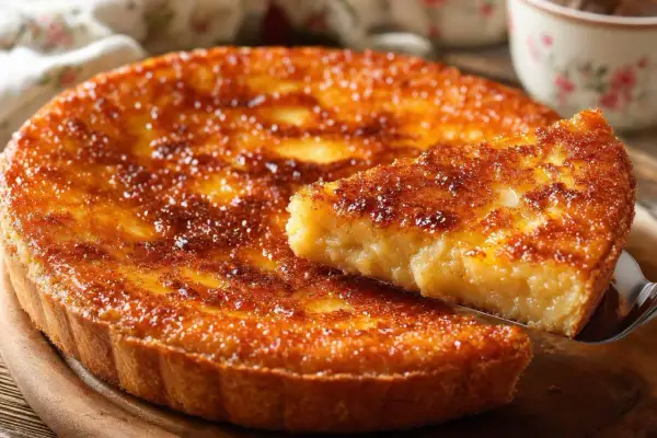 Une part de tarte au sucre dorée et caramélisée, rappelant la recette de tarte au sucre de grand-mère.