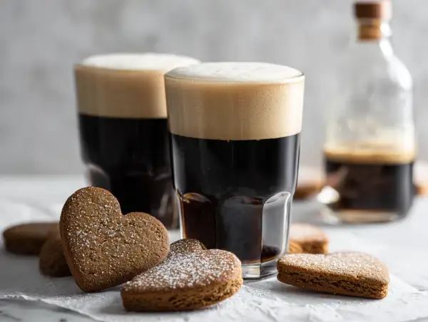 Två glas mörkt kaffe Karlsson med fluffigt skum, omgivna av hjärtformade pepparkakor pudrade med florsocker.