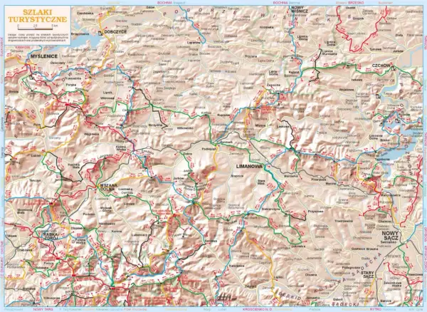 Mapa turystyczna Beskidu Wyspowego z zaznaczonymi szlakami. Widoczne miejscowości: Limanowa, Mszana Dolna, Rabka-Zdrój.