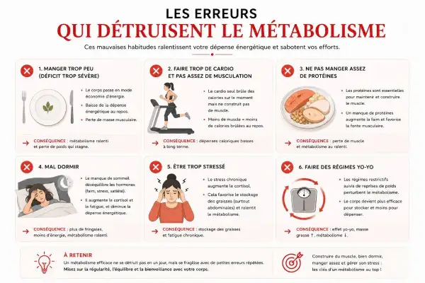 Erreurs à éviter pour ne pas ralentir votre métabolisme : manger trop peu, trop de cardio, pas assez de protéines, mal dormir, stress, régimes yo-yo.