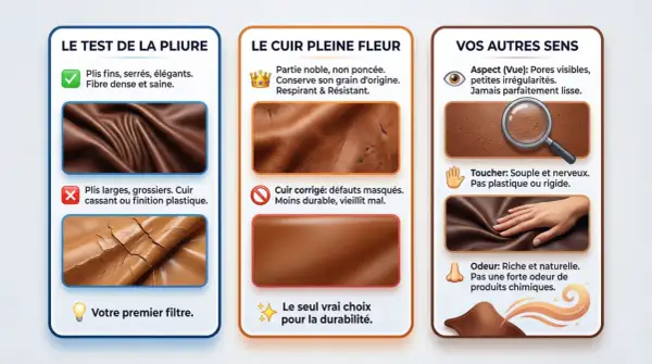 Guide pour identifier la qualité du cuir : test de pliure, aspect pleine fleur, et sensations au toucher et à l'odorat. Le tannage du cuir révèle sa noblesse.