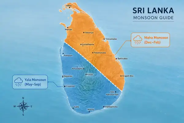 Mapa Sri Lanki z podziałem na strefy Yala Monsoon (niebieski, maj-wrzesień) i Maha Monsoon (pomarańczowy, grudzień-luty). Poznaj klimat Sri Lanki.