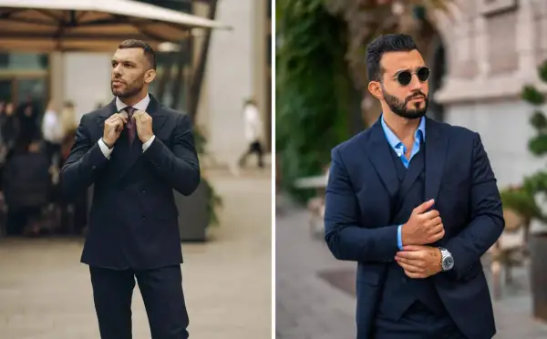 Zwei Männer in eleganten Anzügen, perfekt für eine **dresscode party chic** Veranstaltung. Einer richtet seine Krawatte, der andere trägt Sonnenbrille.