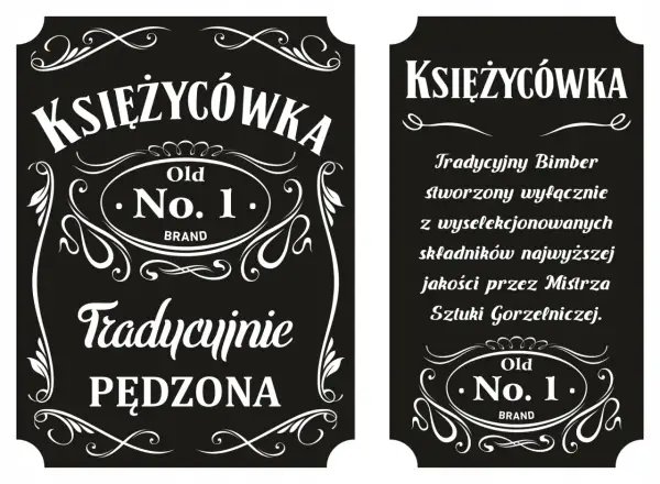 Dwie tabliczki z napisem "Księżycówka Old No. 1. BRAND". Jedna opisuje tradycyjny bimber, druga "Tradycyjnie PĘDZONA".