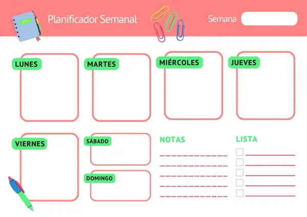 Planificador semanal con espacios para Lunes a Domingo, notas y lista. Ideal para descargar y organizar tu semana.