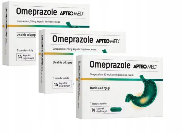 Opakowania leku Omeprazole APTEO MED, 14 kapsułek. Uwalnia od zgagi. Sprawdź mesopral cena.