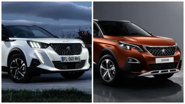 Dwa modele Peugeot SUV: biały z przodu i pomarańczowy z boku, prezentujące nowoczesny design.