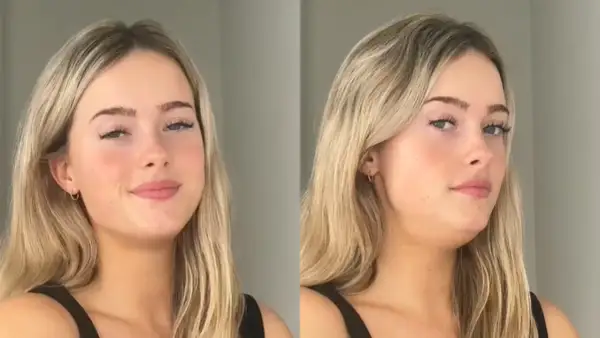 Chica rubia sonriendo en la izquierda, y en la derecha muestra cómo se ve su mandíbula con la técnica de "mewing" para definir el rostro.
