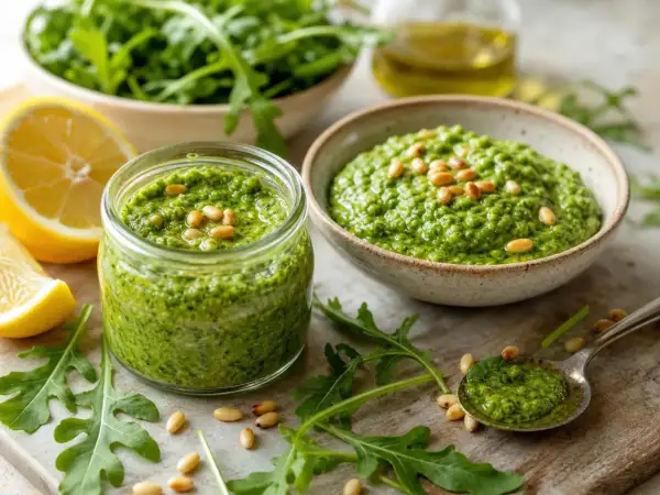 Frisches Rucola Pesto ohne Parmesan, garniert mit Pinienkernen, neben Zitronenspalten und Rucolablättern.