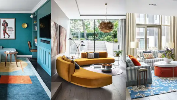 Diverse family room ideas: a teal media wall, a curved mustard sofa with garden views, and a striped sofa with a floral rug.