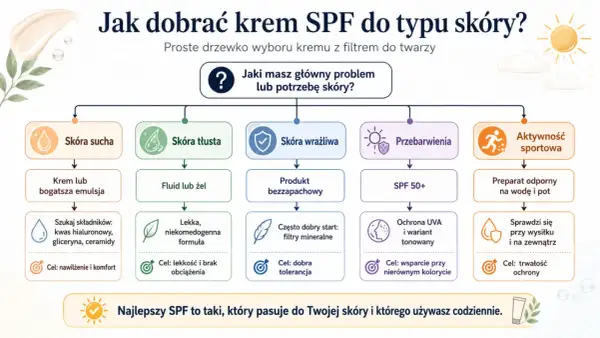 Drzewko wyboru kremu SPF: dla skóry suchej, tłustej, wrażliwej, z przebarwieniami i do aktywności sportowej. Dowiedz się, co to SPF i jak dobrać najlepszy.