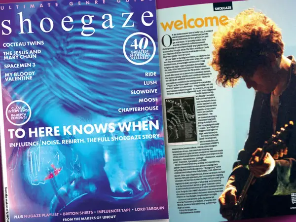 Okładka magazynu o shoegaze z zespołami jak My Bloody Valentine. W tle artysta z burzą włosów.