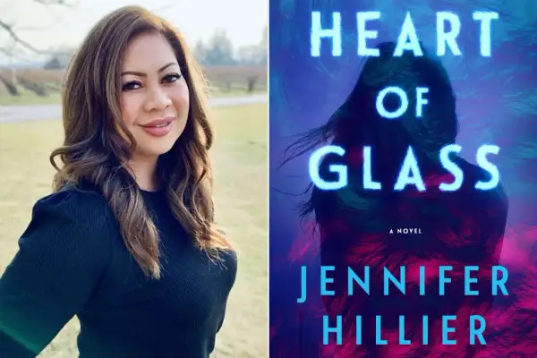 Autorka Jennifer Hillier i okładka jej książki "Serce ze szkła".