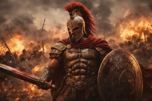 Ares, bóg wojny, w zbroi i z mieczem, na tle bitwy i płomieni.