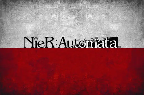 Logo Nier: Automata na tle przypominającym polską flagę. Czekamy na nier automata spolszczenie!