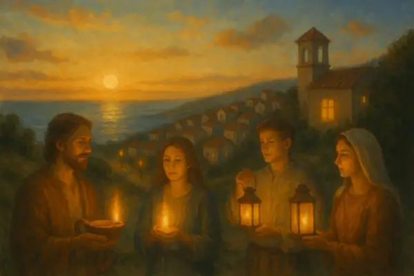 Postacie z pochodniami i lampionami, symbolizujące, że wy jesteście solą ziemi, na tle zachodzącego słońca nad morzem i miasteczkiem.