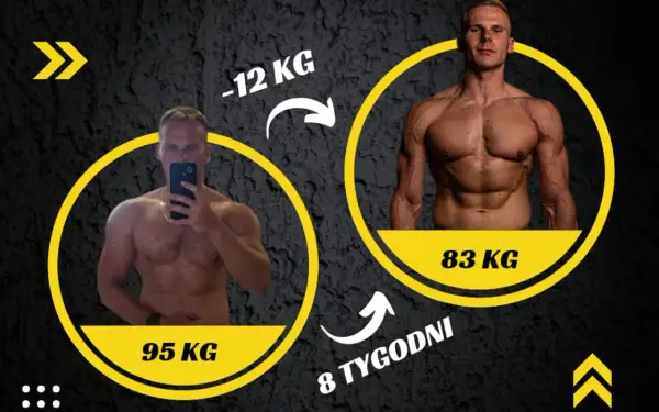 Sylwetka kulturysty przed i po 8 tygodniach treningu. Z 95 kg do 83 kg, utrata 12 kg.