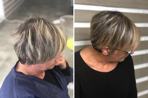 Capelli corti con meches chiare, un taglio moderno che illumina il viso.