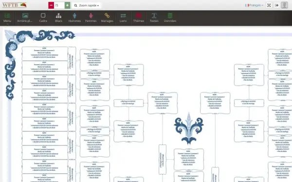 Arbre généalogique complexe affichant des informations sur les individus, les mariages et les lieux. Ce logiciel de généalogie permet de visualiser les liens familiaux.