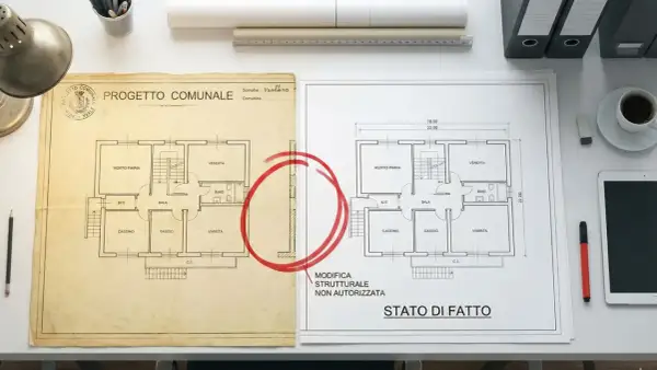 Confronto tra progetto e stato di fatto per accertamento di conformità. Una modifica strutturale non autorizzata è evidenziata.