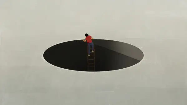 Iemand die altijd een weerwoord heeft, klimt met een ladder uit een zwart gat.