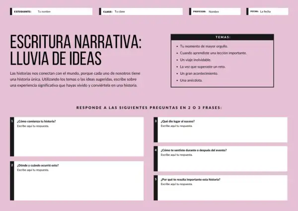 Plantilla para escribir una historia narrativa, con secciones para temas, preguntas guía y espacios para respuestas.