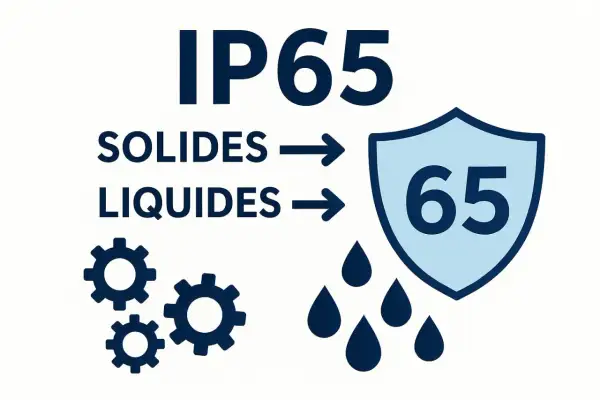Illustration expliquant la classification IP65 : protection contre les solides (engrenages) et les liquides (gouttes d'eau).