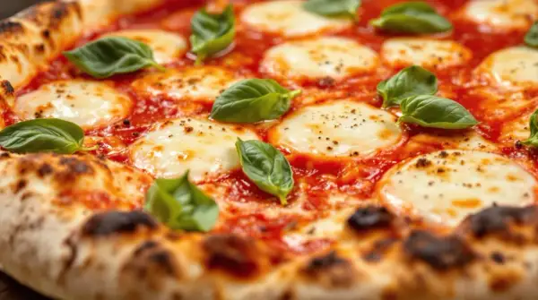 En närbild av en napolitansk pizza med smält mozzarella, tomatsås och färsk basilika. Ost till napolitansk pizza är perfekt!