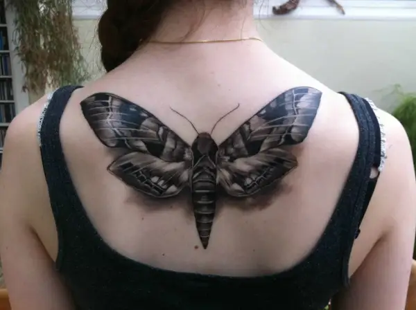 Realistyczny tatuaż ćmy na plecach. Ćma symbolizuje transformację, noc i tajemnicę.