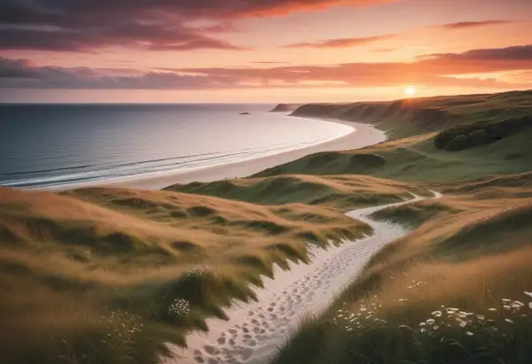 En sandstig slingrar sig genom gräsbevuxna dyner vid havet. Solnedgången färgar himlen i varma toner, perfekt för en vandring i Danmark.
