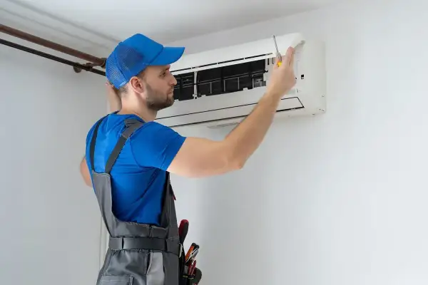 Technik w niebieskiej czapce i ogrodniczkach naprawia klimatyzator.