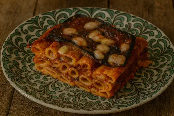 Piatto di pasta al forno con melanzane, un classico tra le melanzane ricette estive, servito su un piatto decorato.