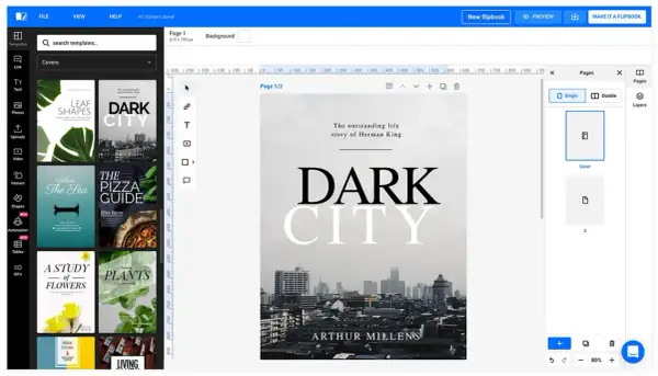 Interfaz para hacer portada online. Muestra plantillas de portadas de libros y un editor para crear tu diseño.