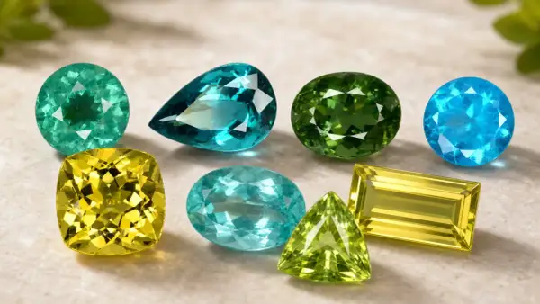 Variedad de gemas de apatito en tonos verdes, azules y amarillos, mostrando sus deslumbrantes propiedades.