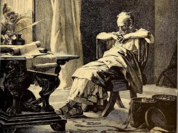 Archimedes, zamyślony, siedzi przy stole z zwojami. Żołnierz w hełmie stoi obok.