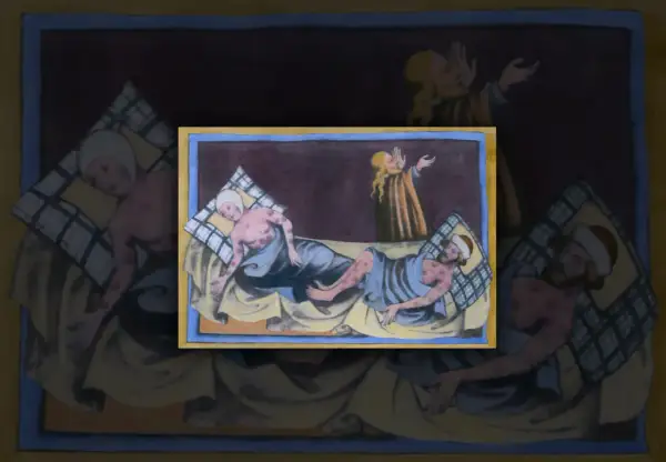 Illustration av sjuka människor med bölder, en påminnelse om justinianska pesten. En person ber i bakgrunden.