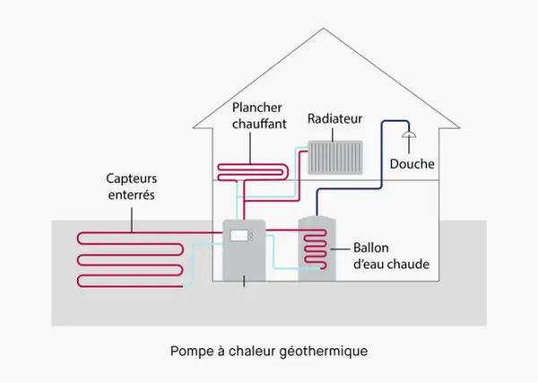 Schéma d'une pompe à chaleur géothermique au sol, montrant les capteurs enterrés, le ballon d'eau chaude, le plancher chauffant, le radiateur et la douche.